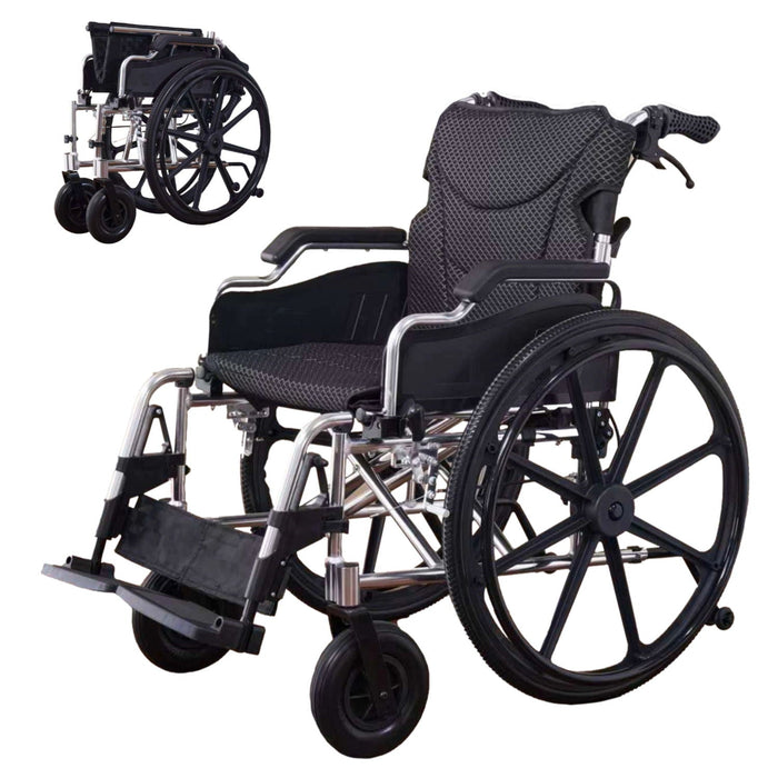 VELUNHOS Lightweight Foldable Transport Wheelchair with Double X Force Support in Pearl Silver