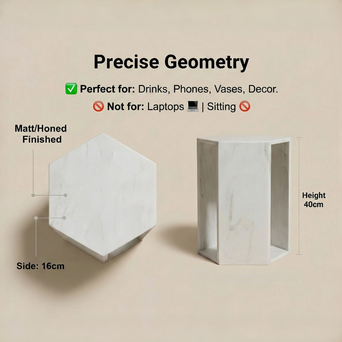 VITRA Modern Minimalist Hexagon Side Table with Honed Marble Finish - view 5