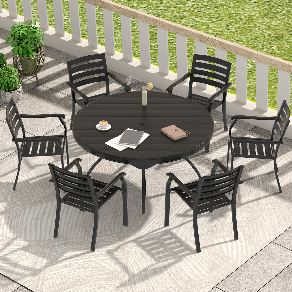 VRSHWO Furniture 7 Pieces Outdoor Patio Dining Set with Stackable Metal Chairs
