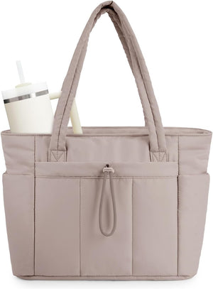 Quilted Puffer Tote Bag with Laptop Sleeve & Cup Holder 20L Travel Work