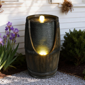 Water Fountain Outdoor Heating Wooden Barrel Style Outdoor Water Fountain with LED Lights
