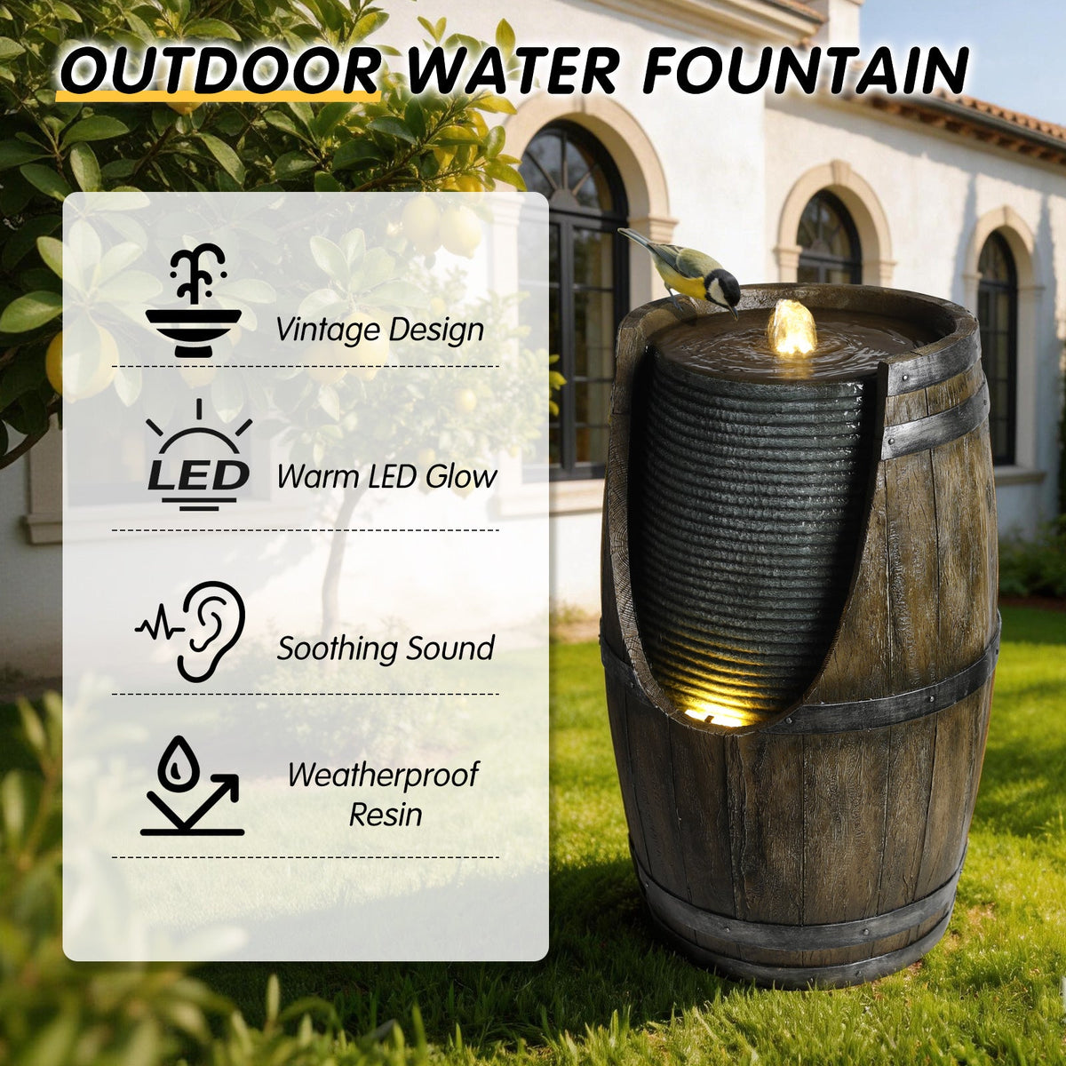 Water Fountain Outdoor Heating Wooden Barrel Style Outdoor Water Fountain with LED Lights - view 4