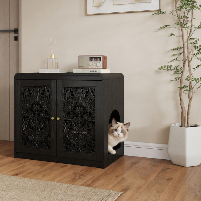 Wonderland Black Cat Litter Box Enclosure Cabinet with Vent