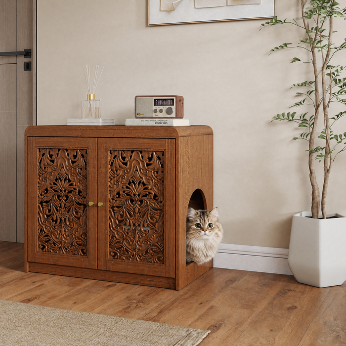 Wonderland Walnut Cat Litter Box Enclosure Cabinet with Vent & Carved Doors
