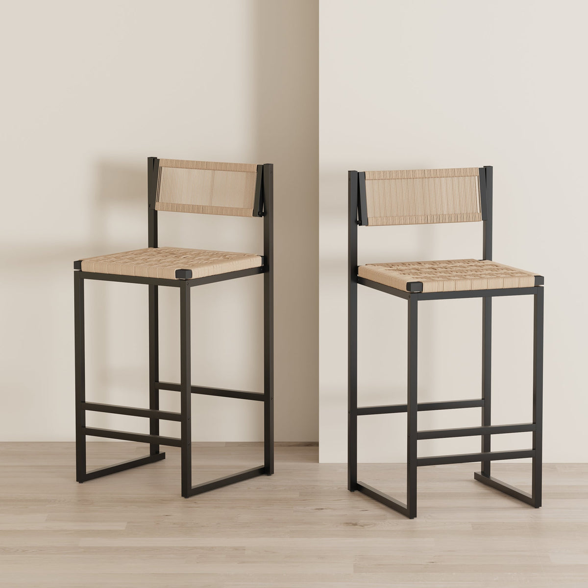YIQIUMI Furniture Kitchen Bar Stools with Footrest Set of 2 Paper Rope Weave Dining Chairs - view 2