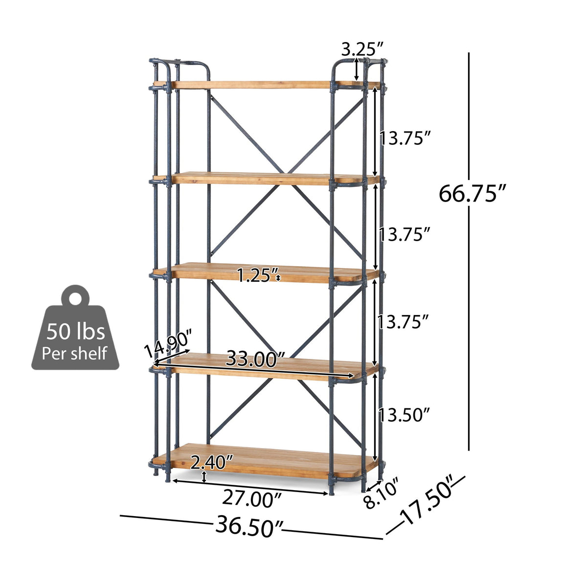 Yorktown Industrial 5 Shelf Bookcase with Metal Pipework and Fir Wood - view 2