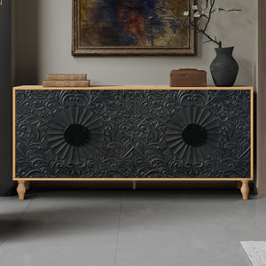 ZRUN FURNITURE Black Carved Door TV Stand with Adjustable Shelves
