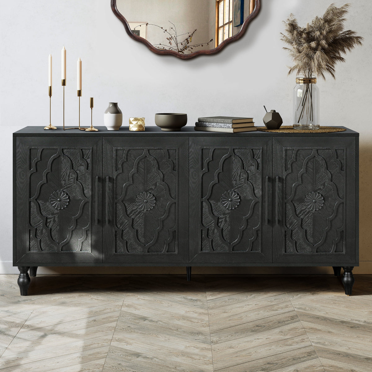 ZRUN FURNITURE Carved Flower Door Storage Cabinet with Metal Handles