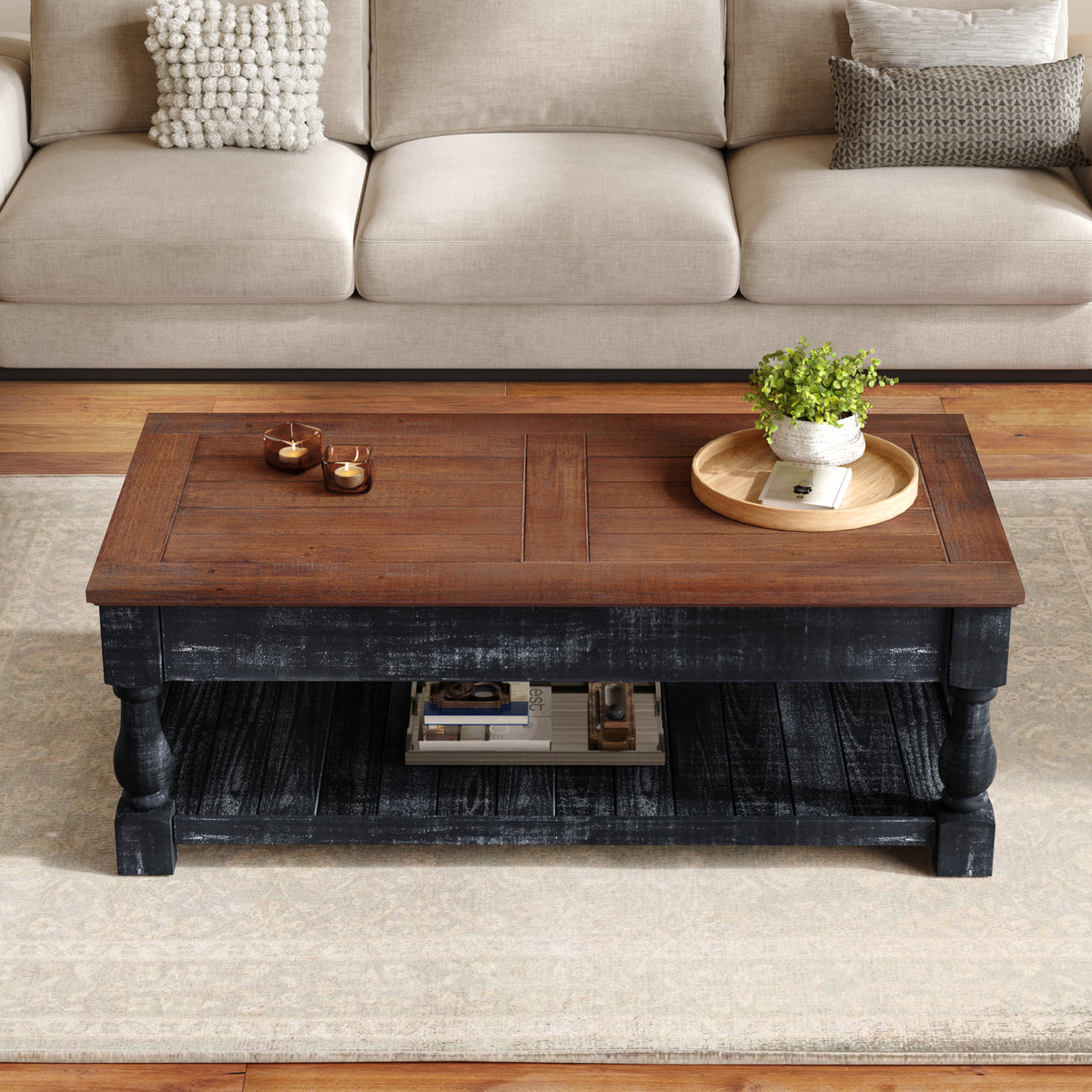 ZRUN FURNITURE Retro Lift-Top Coffee Table with Storage for Living Room - view 3
